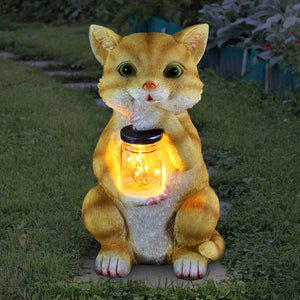 Solar Cat Garden Statuary with LED Firefly Jar, 10 Inches tall | Shop Garden Decor by Exhart