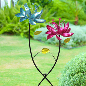 Flower Wind Spinner Garden Stake with Two Metallic Flowers, 20 by 47 Inches | Shop Garden Decor by Exhart