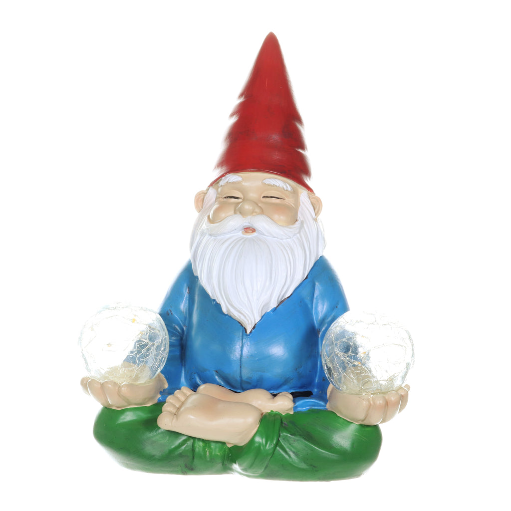 Good Time Solar Gnamaste Meditating Yoga Gnome with Two Crackle Glass Firefly Balls Garden Statue, 11 Inch