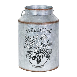 Solar Stamped Metal Flower Design Lantern Reads Welcome, 8 Inch | Shop Garden Decor by Exhart