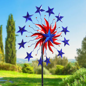 Patriotic Double Star Windmill Kinetic Spinner Stake, 20 by 71 Inches | Shop Garden Decor by Exhart
