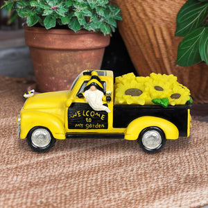 Solar Hand Painted Beekeeper Gnome in a Yellow Sunflower Truck Garden Statue, 11 by 5 Inches | Shop Garden Decor by Exhart