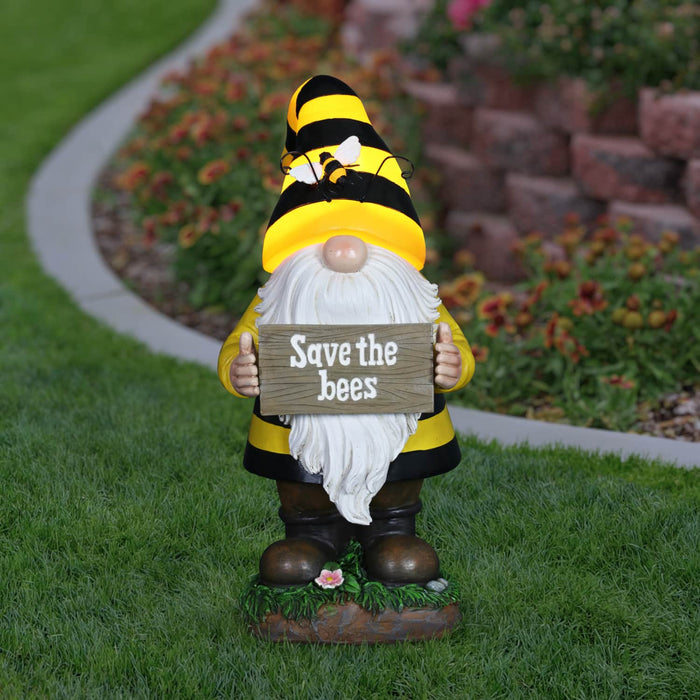 Solar Beekeeper Gnome Statue with Save the Bees Sign, 6 by 13 Inches
