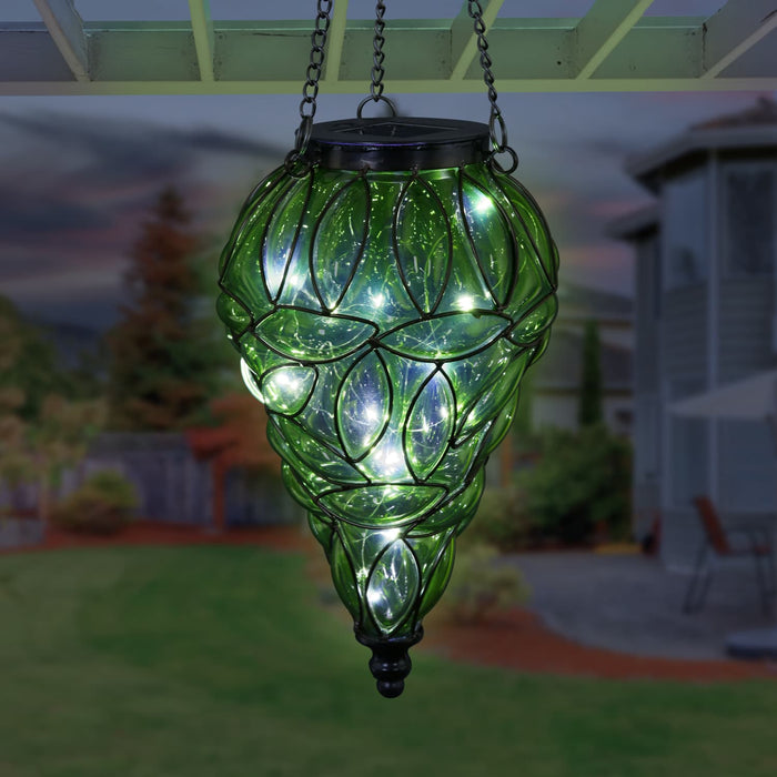 Solar Tear Shaped Glass and Metal Hanging Lantern in Green with 15 Cool White LED Fairy Firefly String Lights, 7 by 24 Inches