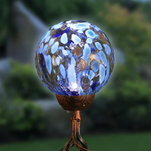 Solar Pearlized Honeycomb Glass Ball Garden Stake with Metal Finial in Light Blue, 4 by 31 Inches | Exhart