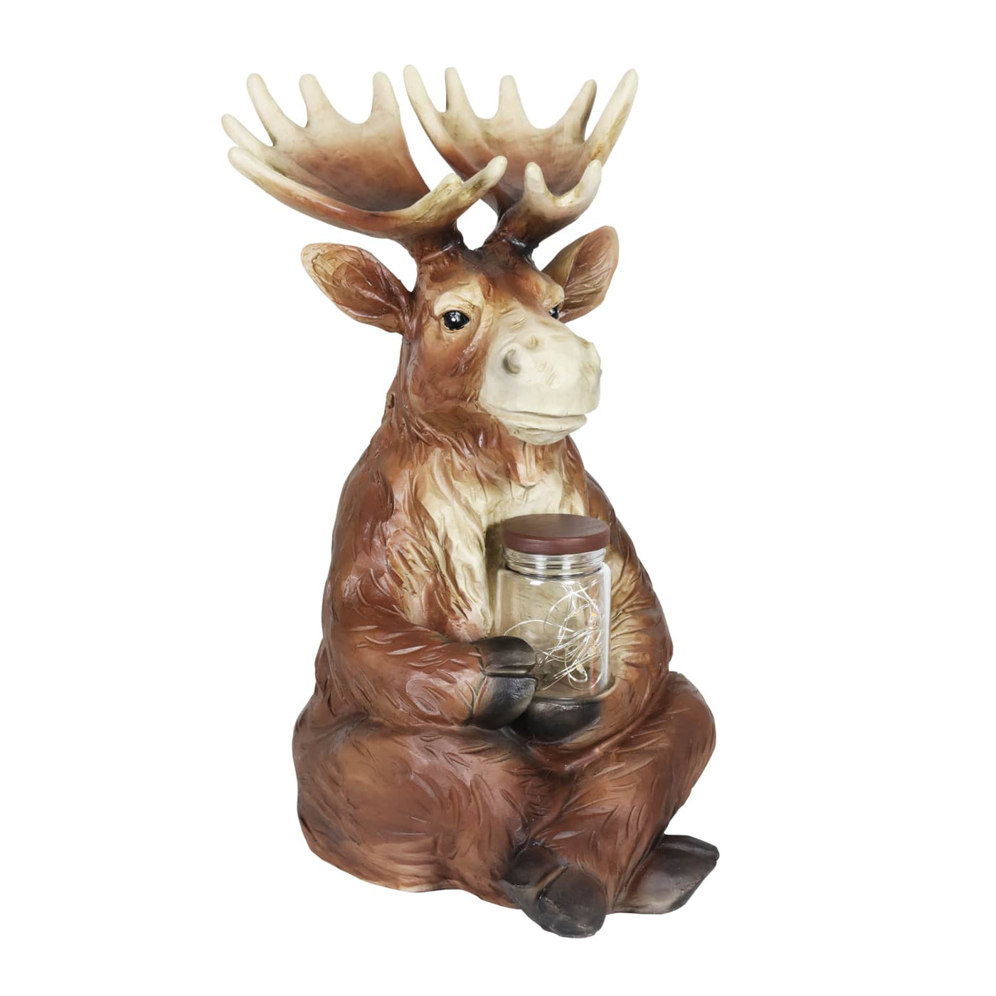 Solar Moose Garden Statue Holding a Glass Jar with Eight LED Firefly ...