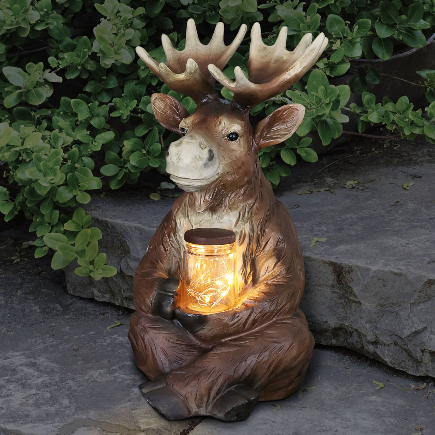 Solar Moose Garden Statue Holding a Glass Jar with Eight LED Firefly ...