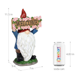 Solar Hand Painted Gnome with a Pink Flowered Welcome Sign Garden Statue, 7 by 11.5 Inches | Shop Garden Decor by Exhart