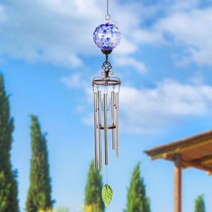 Solar Pearlized Blue Honeycomb Glass Ball Wind Chime with Metal Finial Detail, 5 by 46 Inches | Shop Garden Decor by Exhart