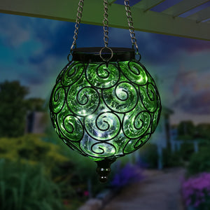 Solar Round Glass and Metal Hanging Lantern in Green with 15 Cool White LED Firefly String Lights, 7 by 21 Inches | Exhart