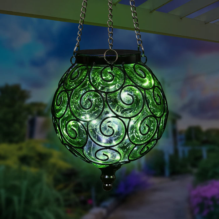Solar Round Glass and Metal Hanging Lantern in Green with 15 Cool White LED Firefly String Lights, 7 by 21 Inches