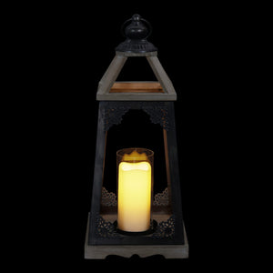 Antiqued Wood and Metal Candle Lantern  with LED Candle, 17 Inch | Shop Garden Decor by Exhart