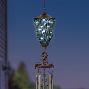 Solar Metal Wire and Glass Wind Chime in Green with Looping Pattern and Nine LED Fairy Firefly String Lights, 6  by 32 Inches | Exhart