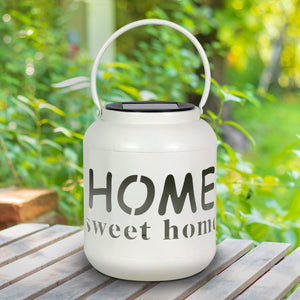 Solar Home Sweet Home Metal Garden Lantern in White, 7 Inch | Shop Garden Decor by Exhart