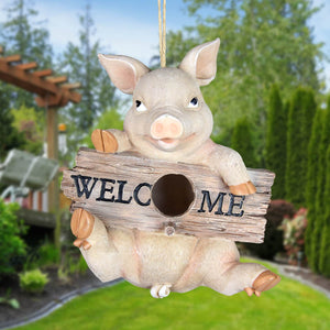 Hand Painted Pig with Welcome Sign Hanging Resin Bird House, 7 x 8.5 x 5.5 Inches | Shop Garden Decor by Exhart