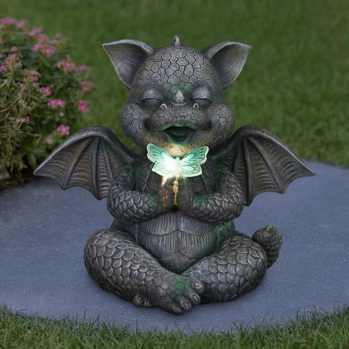 Solar Praying Dragon Garden Statue with LED Butterfly, 11 by 10 Inches