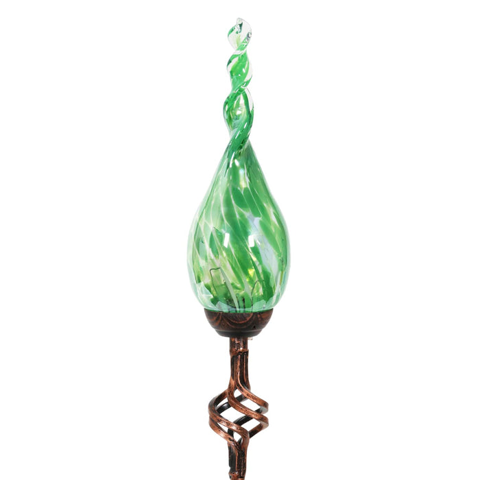 Solar Pearlized Hand Blown Green Glass Twisted Flame Garden Stake with Metal Finial Detail, 36 Inch