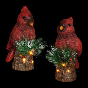 Two Piece Hand Painted Christmas Cardinal Statues with LED lights on a Battery Powered Timer, 8 Inch | Exhart