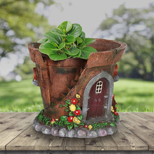 Solar Fairy House Flower Pot Garden Statue, 8 by 7 Inches | Shop Garden Decor by Exhart
