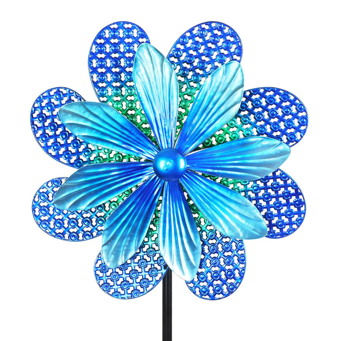 Stamped Blue Metal Double Pinwheel Kinetic Flower Garden Spinner Stake, 18 by 70 Inches