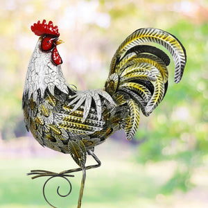 White and Gold Metal Rooster Garden Statue, 7 by 25 Inches | Shop Garden Decor by Exhart