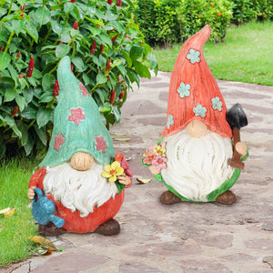 2 Piece Set Pastel Daisy Hat Garden Gnome Statues, 5.5 by 8.5 Inches | Shop Garden Decor by Exhart