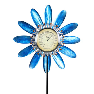 Spinning Blue Metal Flower Thermometer Garden Stake, 17.5 by 50 Inches | Shop Garden Decor by Exhart