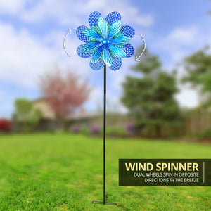 Stamped Blue Metal Double Pinwheel Kinetic Flower Garden Spinner Stake, 18 by 70 Inches | Shop Garden Decor by Exhart