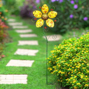 Whimsical Yellow Flower Garden Stake Made of Glass and Metal, 11 by 36 Inches | Shop Garden Decor by Exhart