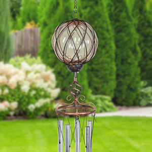Solar Caged Amber Glass Wind Chime with Metal Finial, 6 by 45 Inches | Shop Garden Decor by Exhart