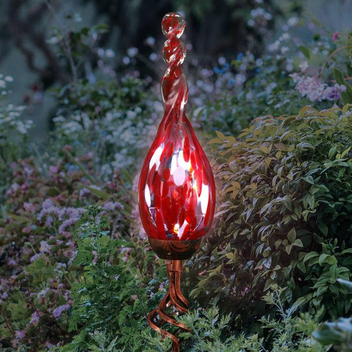 Solar Hand Blown Red Glass Twisted Flame Garden Stake with Metal Finial Detail, 36 Inch