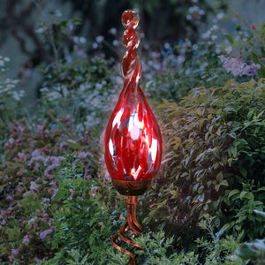 Solar Hand Blown Red Glass Twisted Flame Garden Stake with Metal Finial Detail, 36 Inch | Shop Garden Decor by Exhart