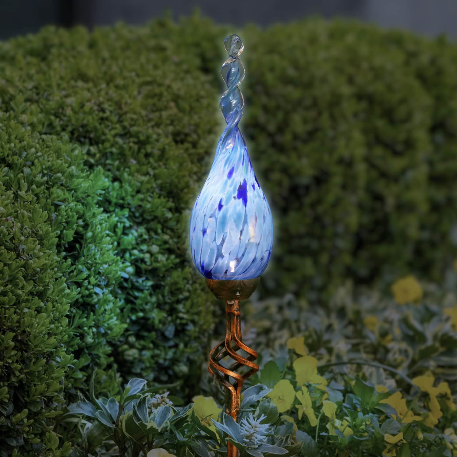 Solar Pearlized Glass Twisted Flame Garden Stake with Metal Finial Detail in Light Blue, 36 Inch | Shop Garden Decor by Exhart