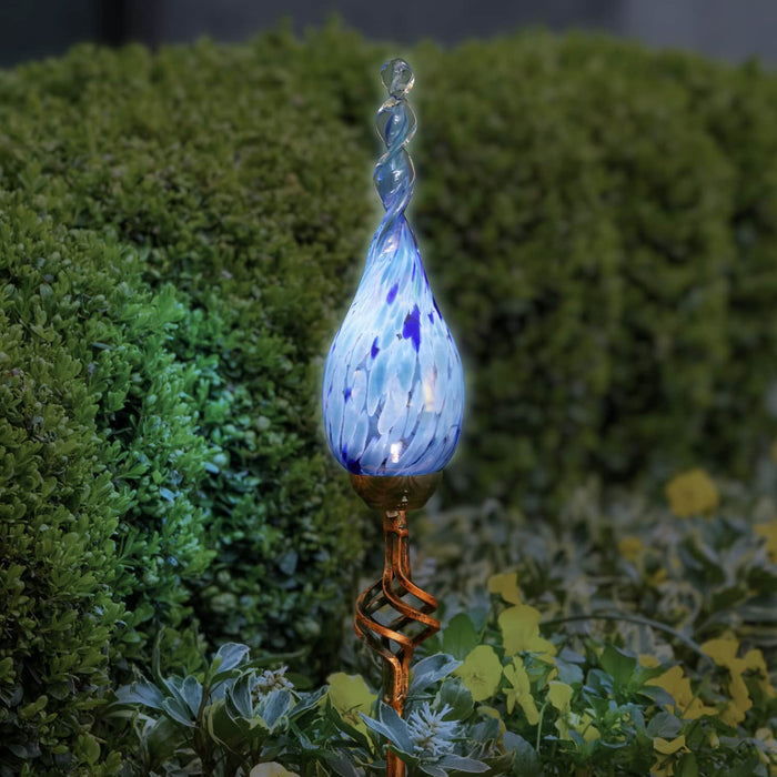 Solar Pearlized Glass Twisted Flame Garden Stake with Metal Finial Detail in Light Blue, 36 Inch