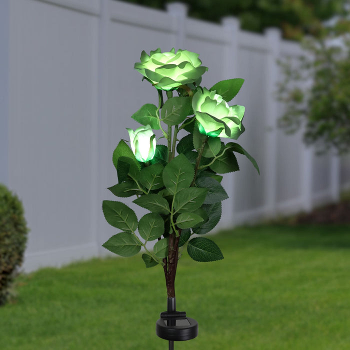 Solar White Rose Bunch Fabric Garden Stake with Color Changing LED lights, 12 by 32 Inches