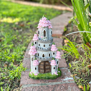 Solar Hand Painted Fairy Castle Garden Statue, Pink Petal Roof, 5.5 by 10 Inches | Shop Garden Decor by Exhart