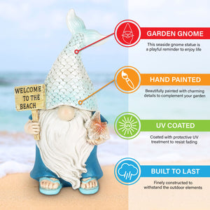 Mermaid Tail Hat Garden Gnome Statue with Welcome to the Beach Sign, 5 x 4 x 8.5 Inches | Shop Garden Decor by Exhart