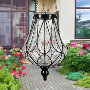 Solar Clear Glass Hanging Lantern with Looping Metal Pattern, 8 by 24 Inches | Shop Garden Decor by Exhart