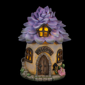 Solar Hand Painted Fairy House Garden Statue, Welcome Sign and Purple Succulent Petal Roof, 7 by 9 Inches | Exhart