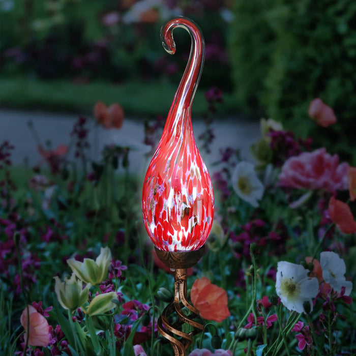 Solar Hand Blown Red Glass Spiral Flame Garden Stake with Metal Finial Detail, 36 Inch