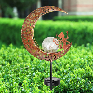 Solar Filigree Metal Moon Stake with Glass Crackle Ball Center in Bronze, 7 by 39 Inches | Shop Garden Decor by Exhart