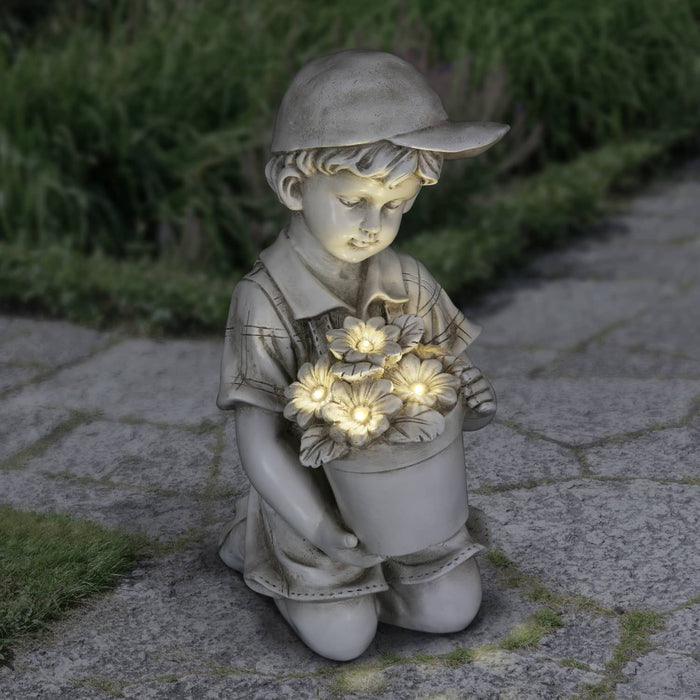 Solar Boy with Flower Pot Garden Statuary, 15 Inch
