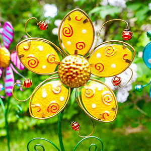 Whimsical Yellow Flower Garden Stake Made of Glass and Metal, 11 by 36 Inches | Shop Garden Decor by Exhart