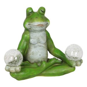 Solar Meditating Yoga Frog Holding Two Crackle Glass Balls Garden Statue, 6 by 9 Inches | Shop Garden Decor by Exhart