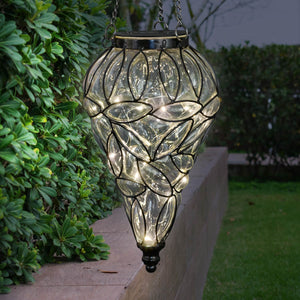 Solar Tear Shaped Clear Glass and Metal Hanging Lantern with 15 Warm White LED Fairy Firefly String Lights, 7 by 24 Inches | Exhart
