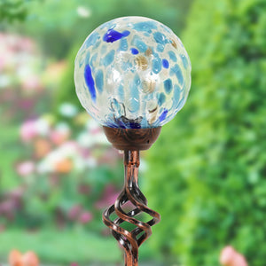 Solar Pearlized Honeycomb Glass Ball Garden Stake with Metal Finial in Light Blue, 4 by 31 Inches | Exhart