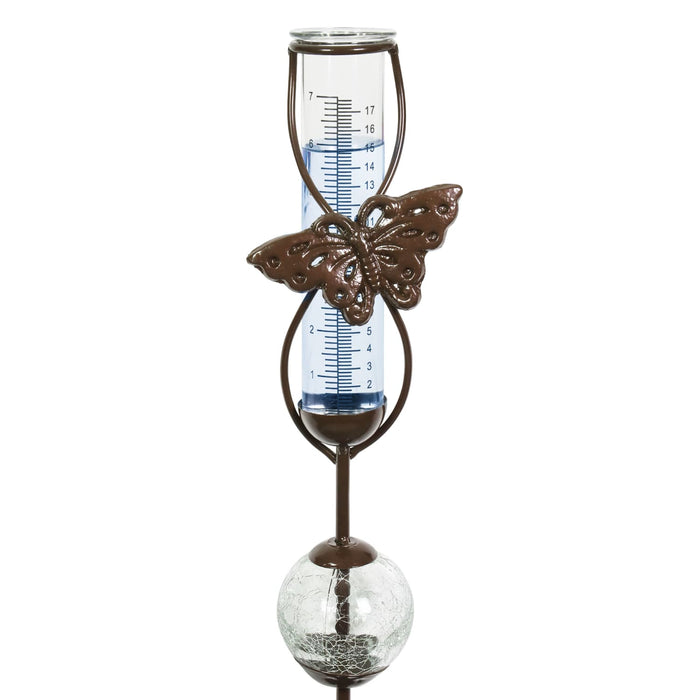 Bronze Butterfly Rain Gauge Stake with Clear Glass Ball Detail, 32.5 Inches