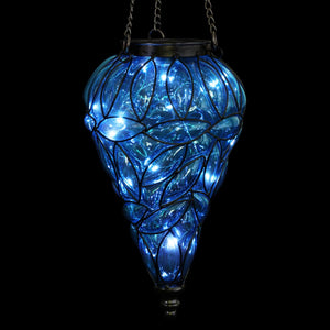 Solar Tear Shaped Glass and Metal Hanging Lantern in Blue with 15 Cool White LED Firefly String Lights, 7 by 24 Inches | Exhart