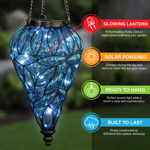 Solar Tear Shaped Glass and Metal Hanging Lantern in Blue with 15 Cool White LED Firefly String Lights, 7 by 24 Inches | Exhart