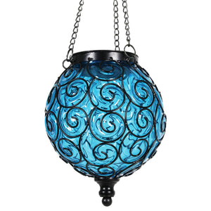 Solar Round Glass and Metal Hanging Lantern in Blue with 15 Cool White LED Firefly String Lights, 7 by 21 Inches | Exhart